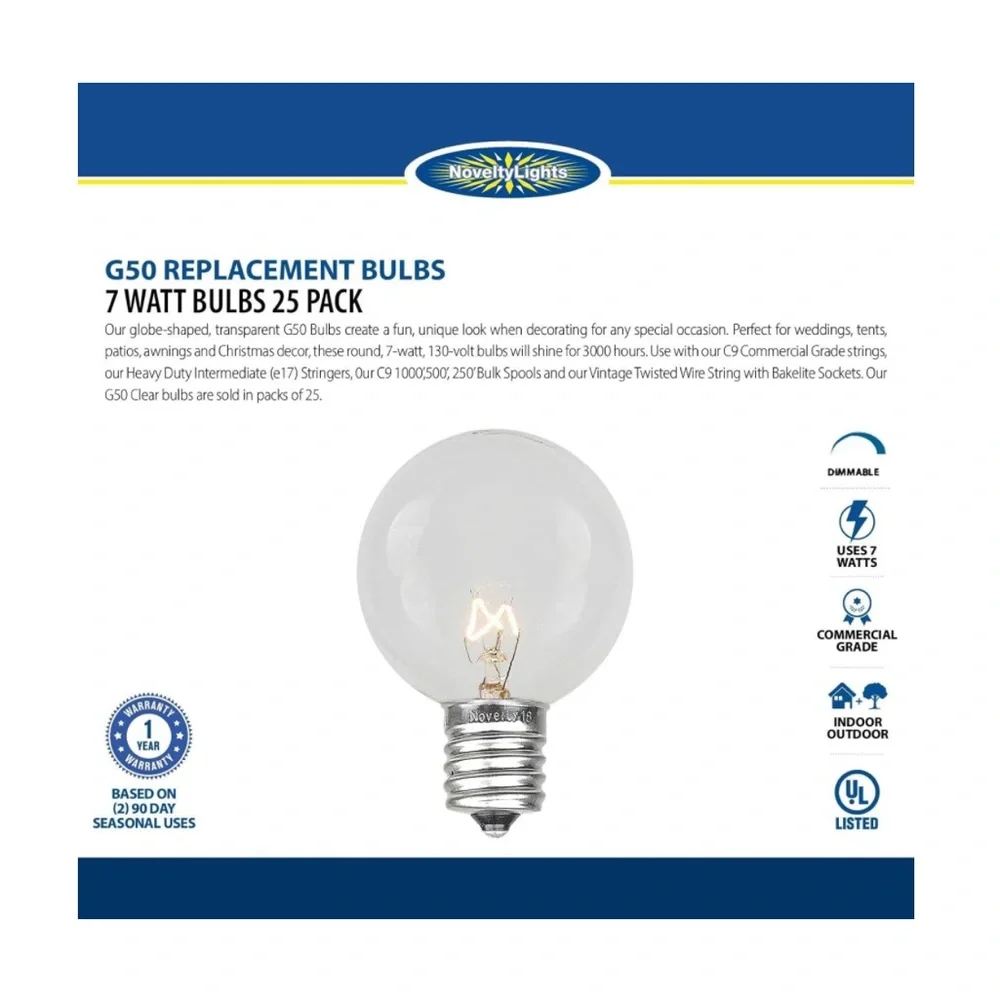 Novelty Lights Incandescent G50 Globe Outdoor Clear Bulbs 7 Watt Lights, 25 Pack